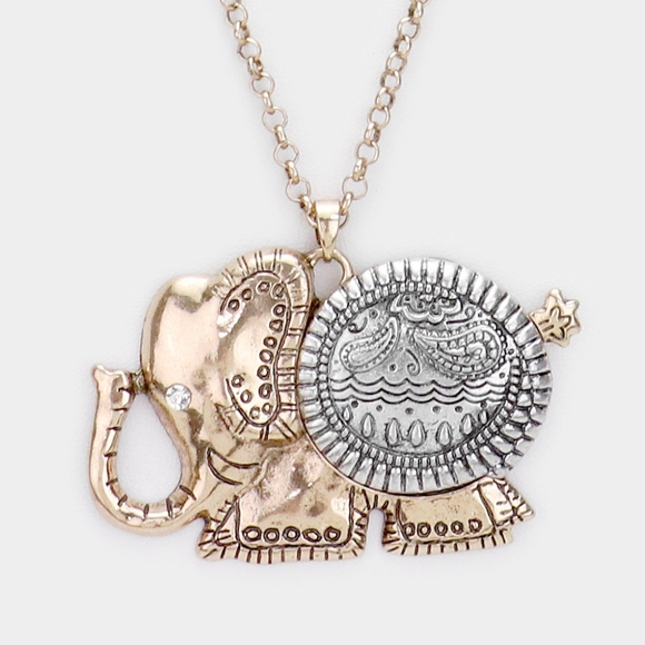 Long Antique Pattern Gold Elephant Charm Necklace Statement Pendant Chain Set - Picture 2 of 2